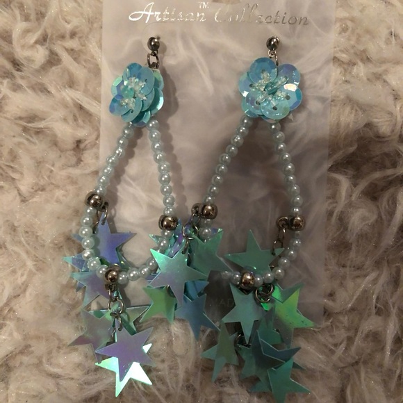 Blue Dangle, Star Earrings - Picture 1 of 1